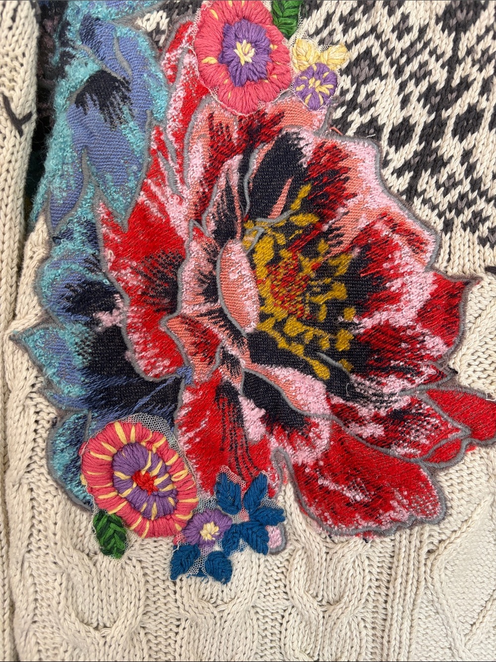 Anthropologie Cream Cable-Knit Sweater with Multicolor Floral Embroidery - Picture 3 of 5